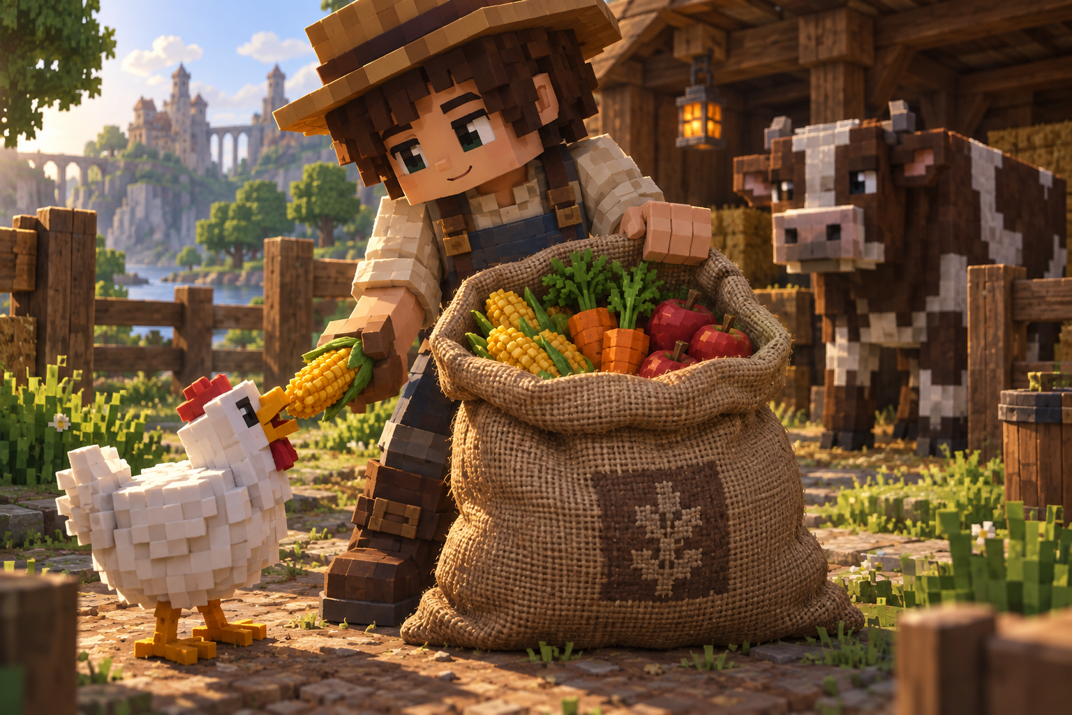 Artwork for Animal Feed Sack: Carry a reusable sack with thirteen animal-food types and feed animals their accepted food.
