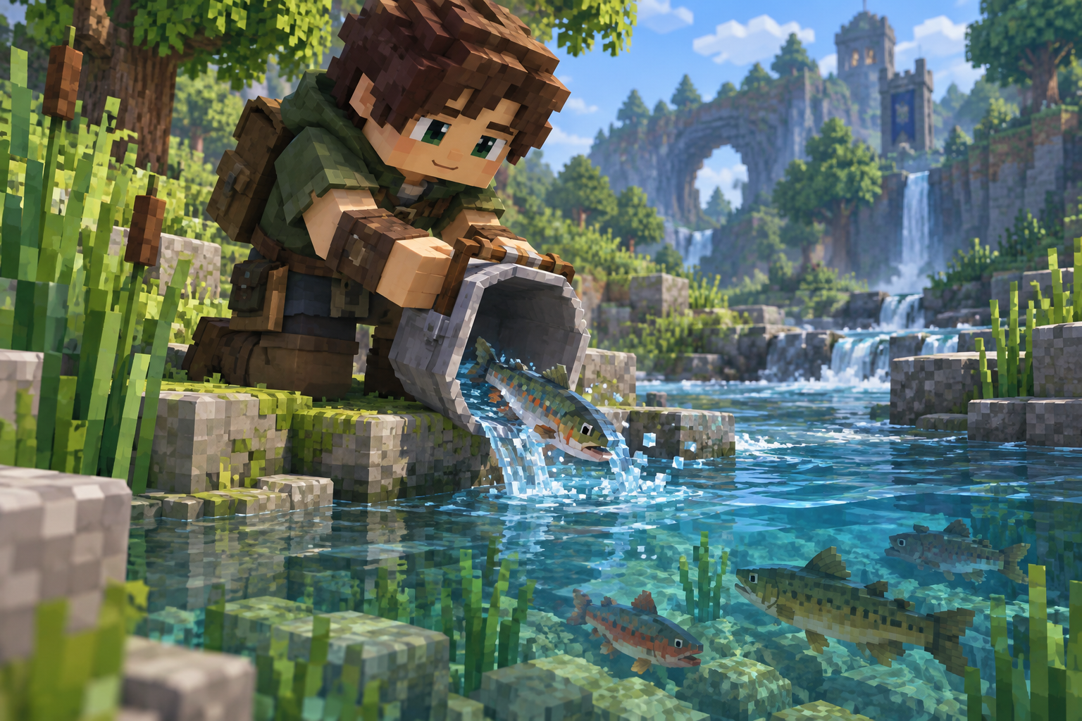 Artwork for Catch-N-Release: Captures supported fish in water buckets for release elsewhere, with a Water Essence bonus in crude fish traps.