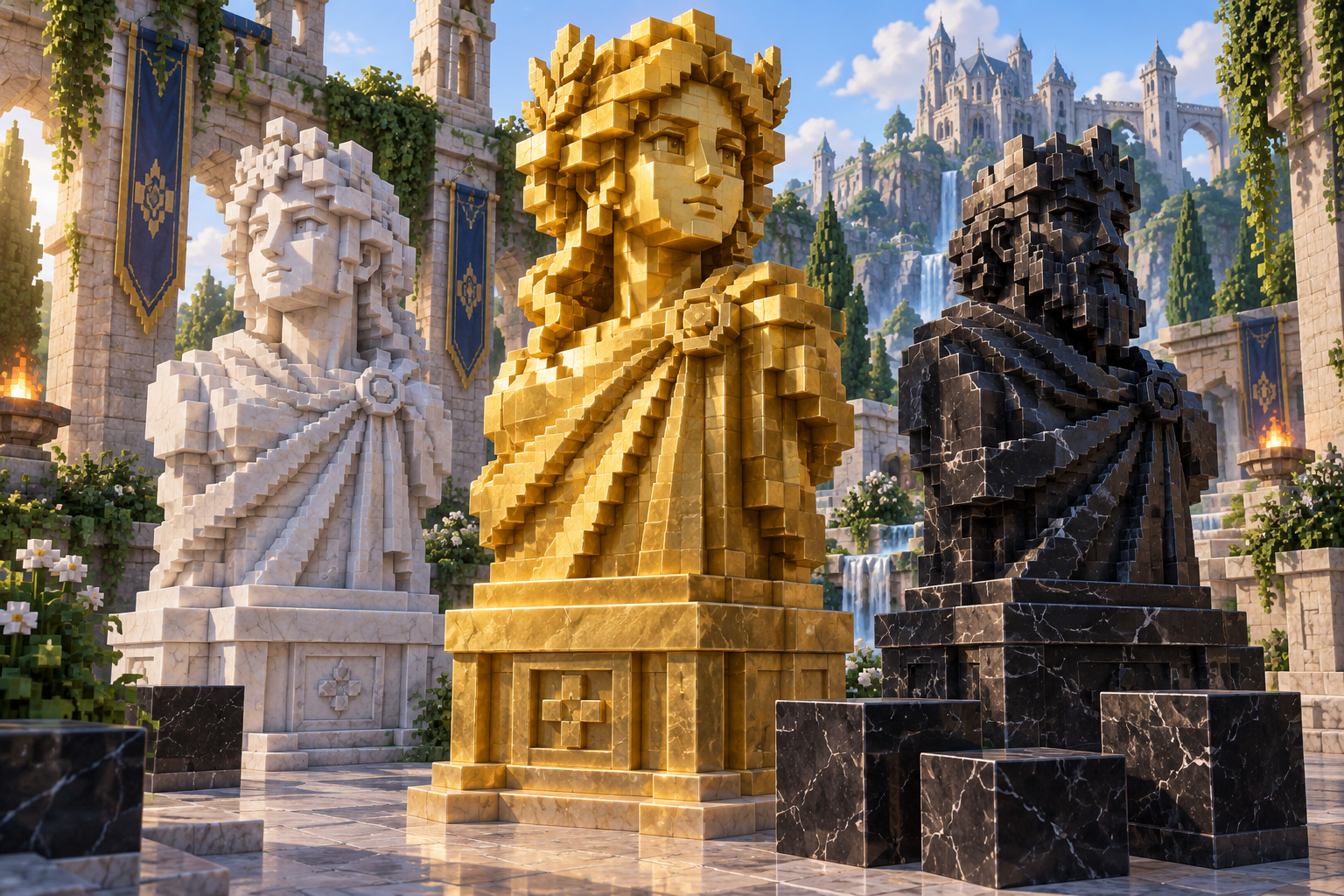 Artwork for Core Materials: Provide black marble and decorative statues in multiple stone and metal finishes.