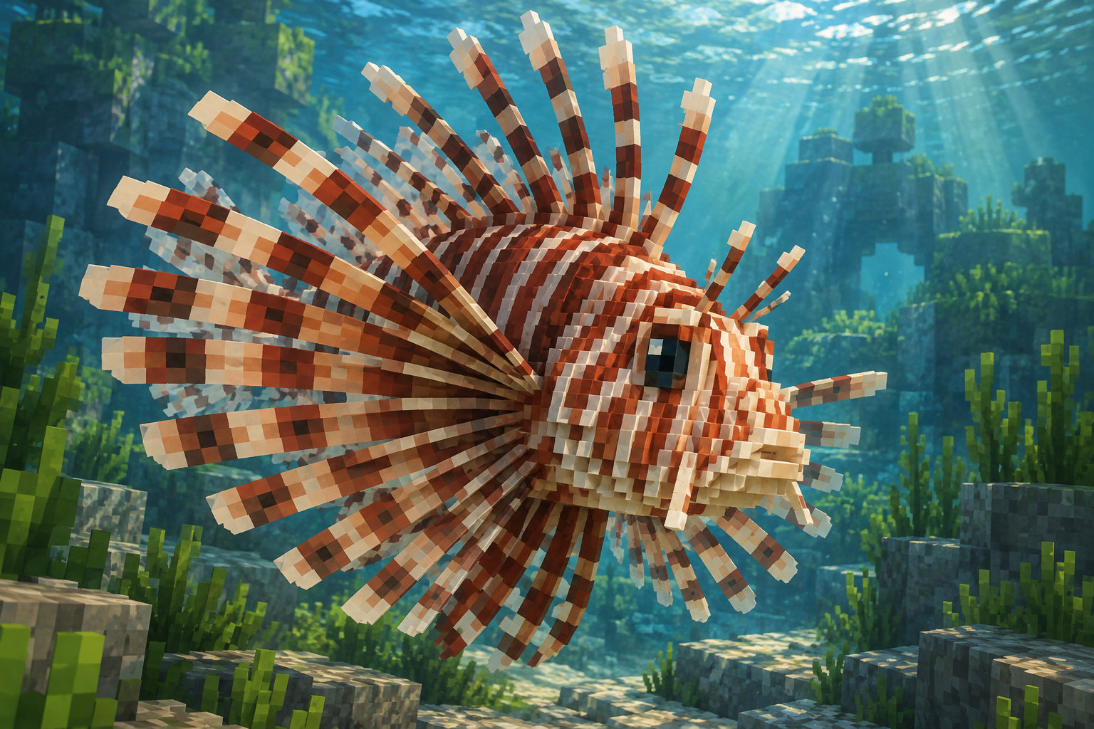Artwork for Lionfish: Add a distinctive striped lionfish with native swimming behavior and releasable item forms.