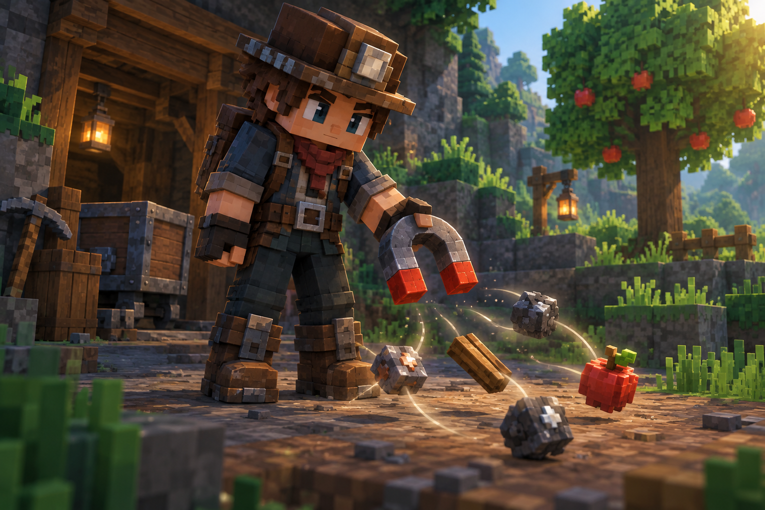 Artwork for Loot Magnet: Pulls pickup-ready item drops within 24 blocks to your feet; works passively in the active left-hand utility slot, with manual use for ripe native apples.