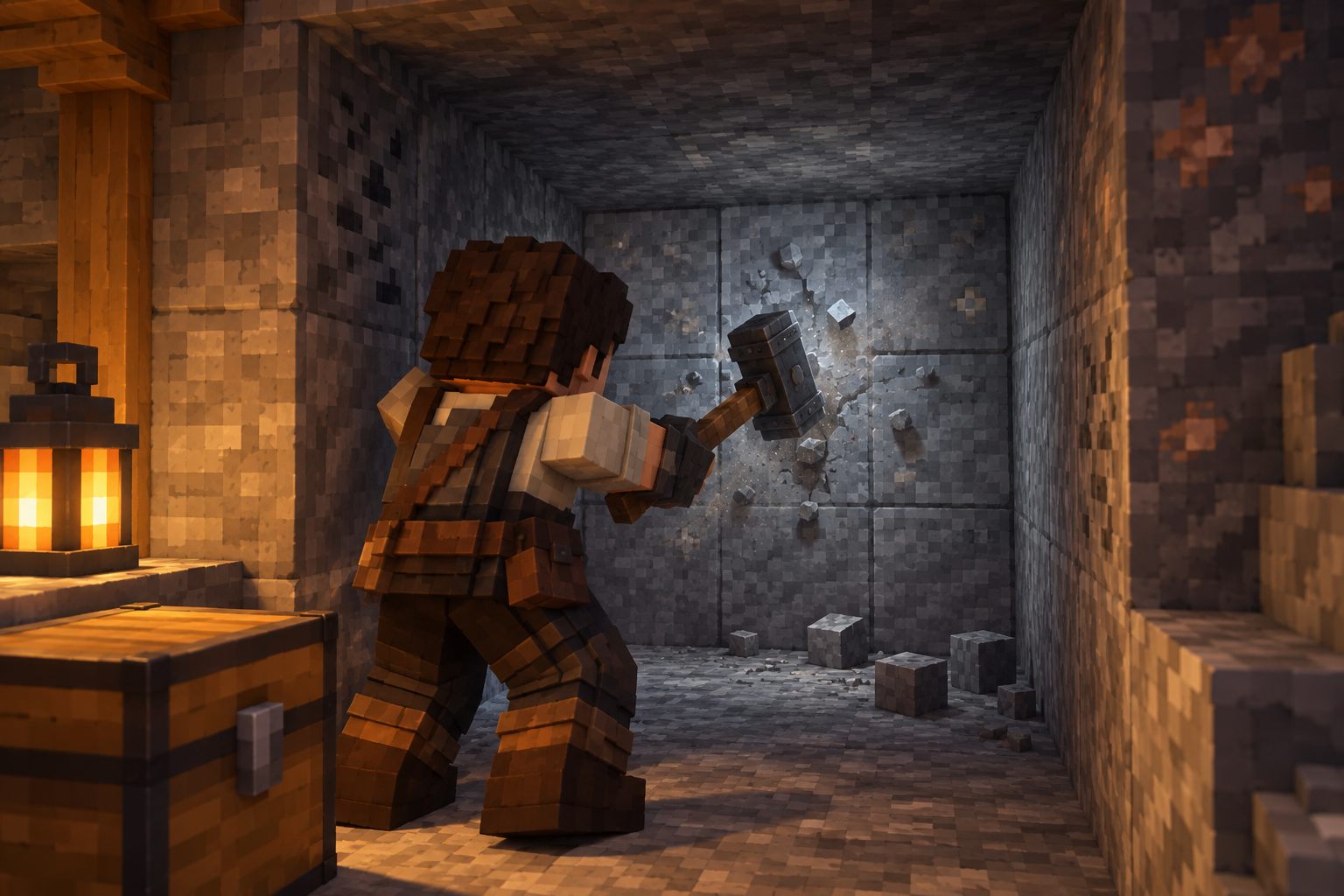 Artwork for Mining Hammer: Mine an orientation-aware 3x3 tunnel face up to five blocks deep.