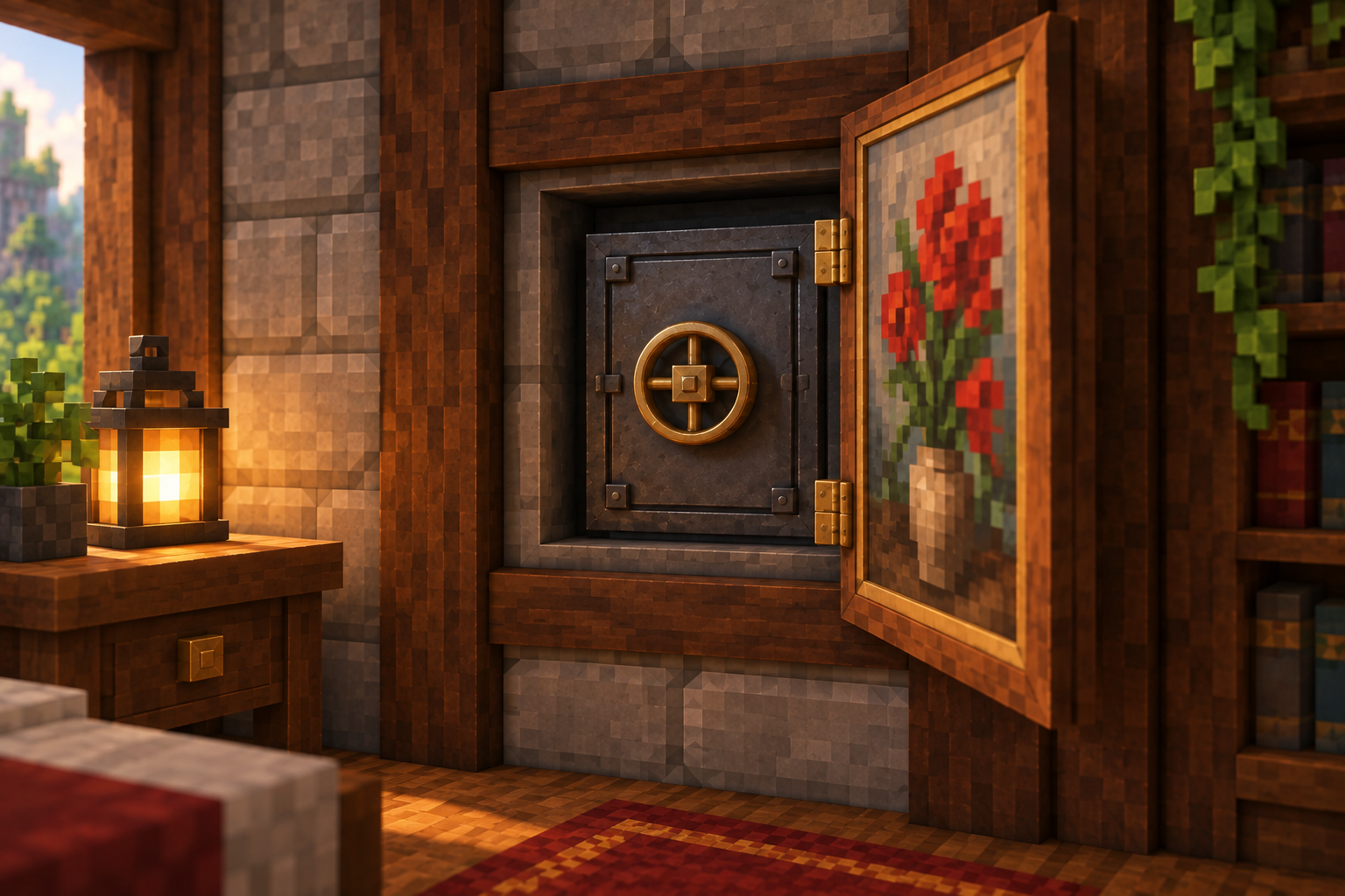Artwork for Private Wall Safe: A private wall safe concealed behind a hinged picture, for the owner’s personal storage.