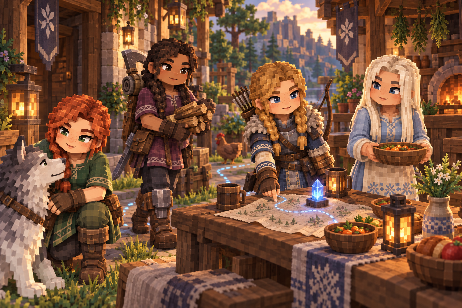 Artwork for Companions: Four companions — Eira, Sigrid, Astrid and Aeysa — with integrated character art, equipment, marked work areas, patrol care, cooking and serving.