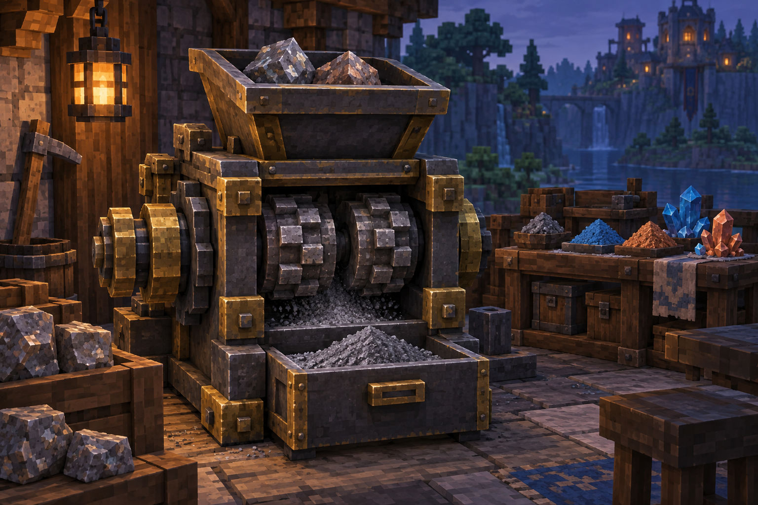 Artwork for Ore Grinder & Refinery: Grinds raw ores into matching powder and provides a separate refinery for powder and crystal recipes.