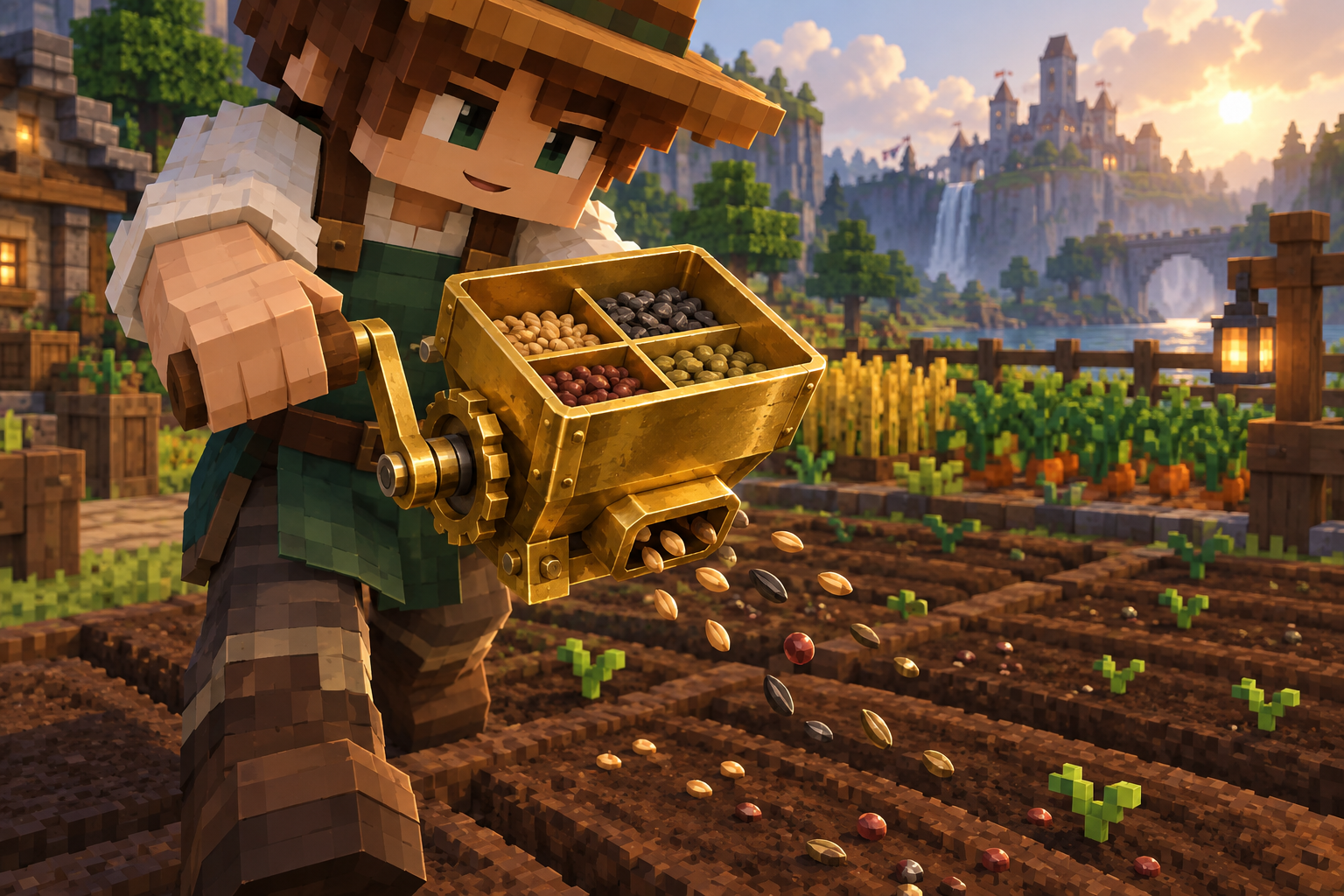 Artwork for Gold Seed Spreader: A gold handheld seed spreader with four persistent seed slots and planting within four blocks in every direction.
