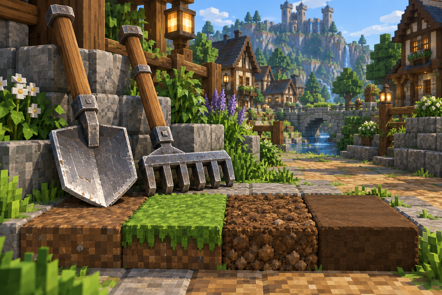Artwork for Builder Shovel & Rake: Use an Iron Builder's Shovel and Iron Builder's Rake to cycle compatible terrain through distinct dirt and grass surface choices.