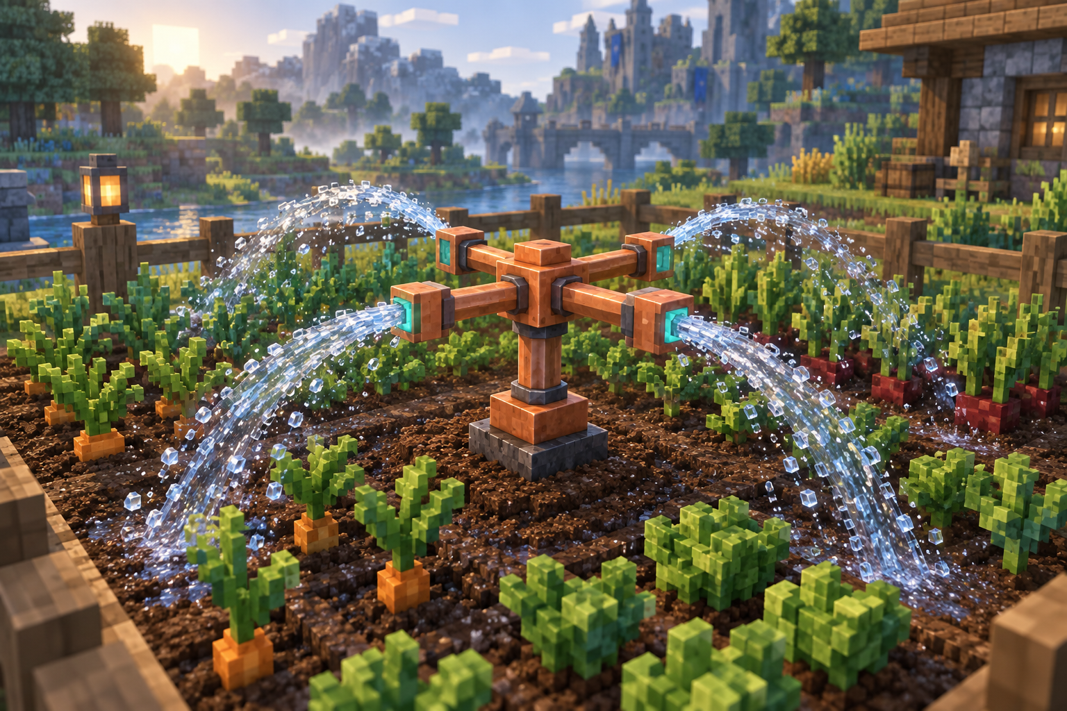 Artwork for Crop Sprinkler: Standalone four-way crop watering over a 9×9 footprint with covered-soil tillage retention.