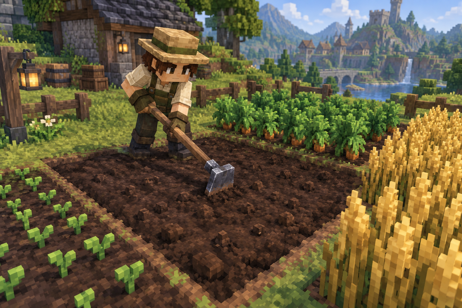 Artwork for Square Hoe: Nine hoe tiers till square areas and use primary click to pick up seeds or harvest crops across growth stages.
