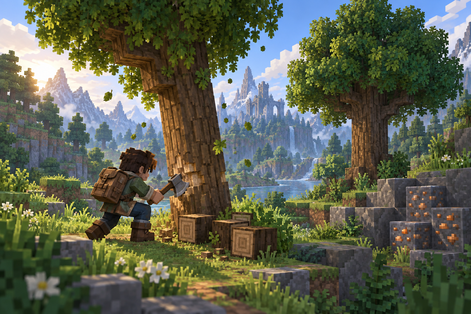 Artwork for Vein Mining & Tree Felling: Mines connected matching ore and fells eligible trees with crouch plus an axe or hatchet, including their matching canopy.