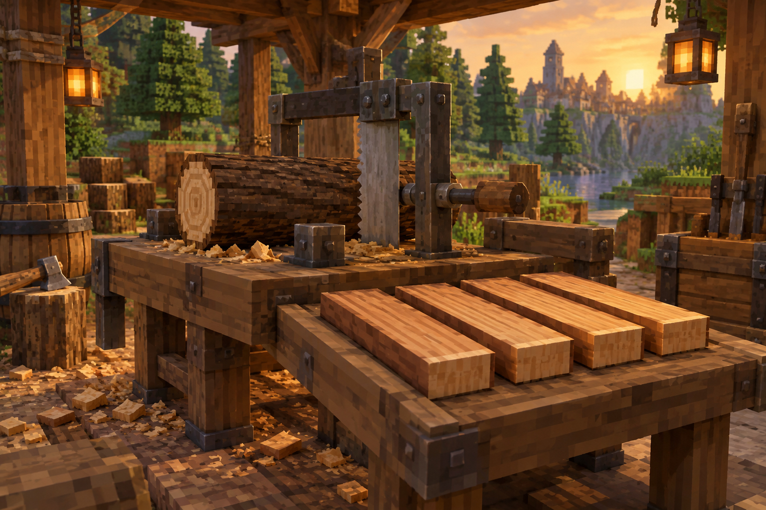 Artwork for 4 Planks 1 Log: Native-style woodcutter with separate Sticks and Planks tabs, bulk crafting and species-specific plank outputs.