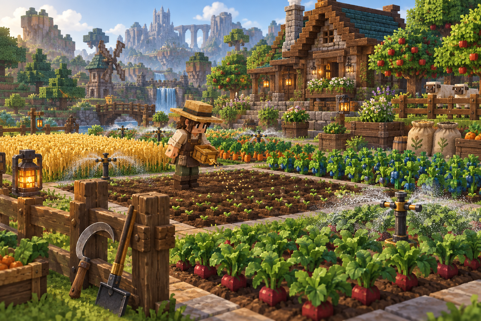 Hytale-inspired illustrated farm scene showing a world shaped by farming tools and community creations.